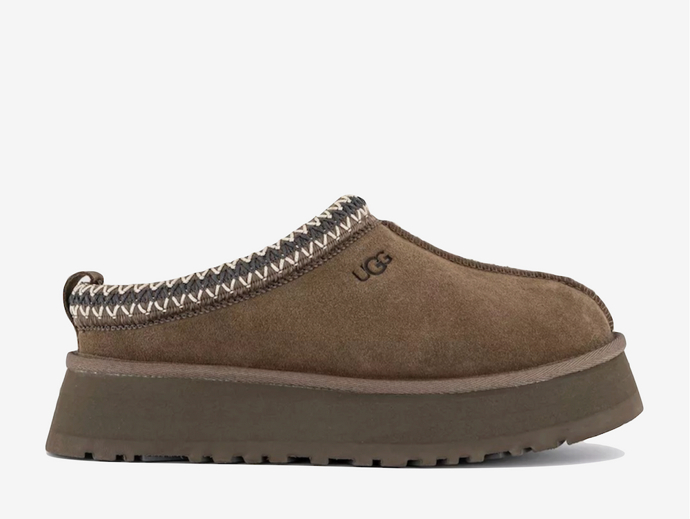 Exclusive UGG Tazz slippers in a dark brown and grey colour scheme, featuring plush sheep skin lining.