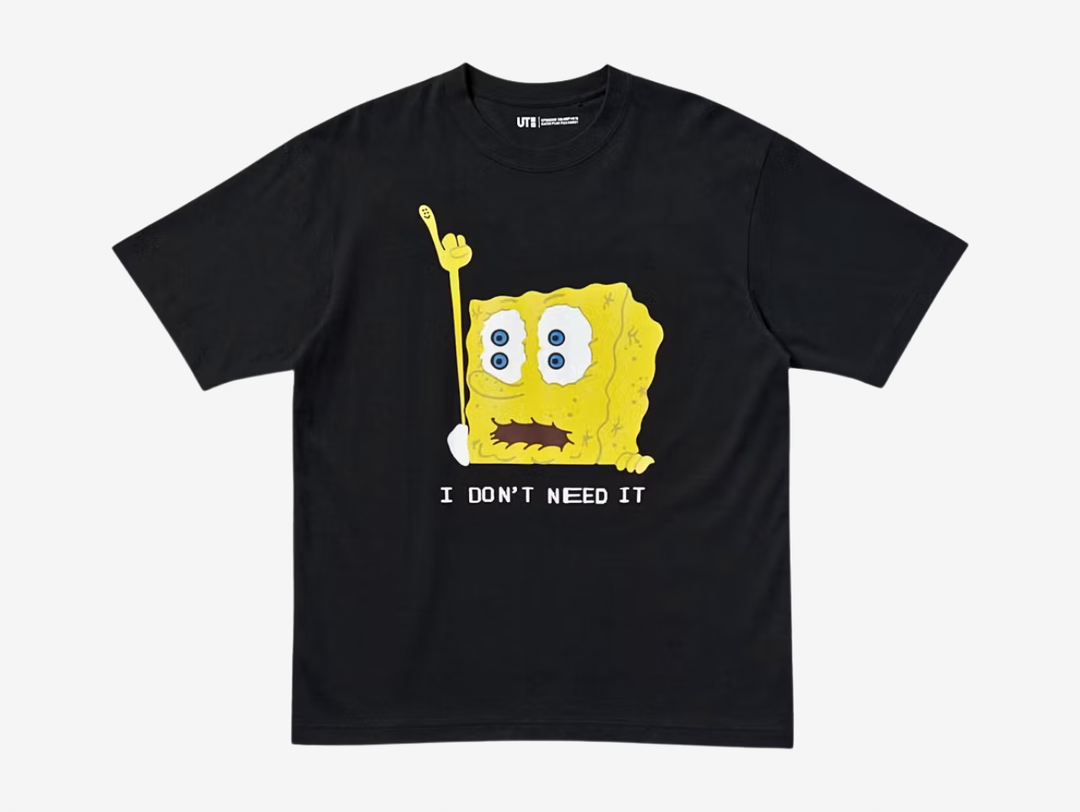 The Black Uniqlo x CPFM SpongeBob SquarePants UT Graphic T-Shirt combines Uniqlo's casual basics with CPFM's cool graphics. Made from 100% breathable cotton in a relaxed fit, it features a bold front graphic of SpongeBob as a toothless old man with double eyes, pinky finger raised, alongside the text "I Don't Need It." The back reads "I Neeeeed It," with "SpongeBob SquarePants" and "Cactus Plant Flea Market" printed below.