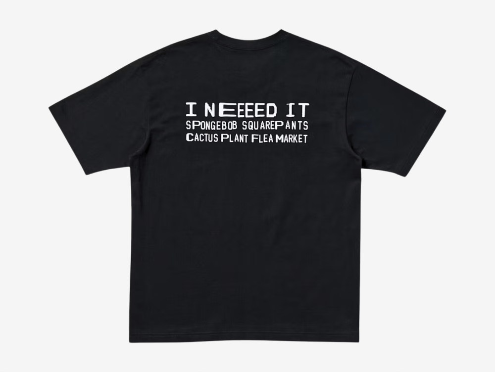 The Black Uniqlo x CPFM SpongeBob SquarePants UT Graphic T-Shirt combines Uniqlo's casual basics with CPFM's cool graphics. Made from 100% breathable cotton in a relaxed fit, it features a bold front graphic of SpongeBob as a toothless old man with double eyes, pinky finger raised, alongside the text "I Don't Need It." The back reads "I Neeeeed It," with "SpongeBob SquarePants" and "Cactus Plant Flea Market" printed below.