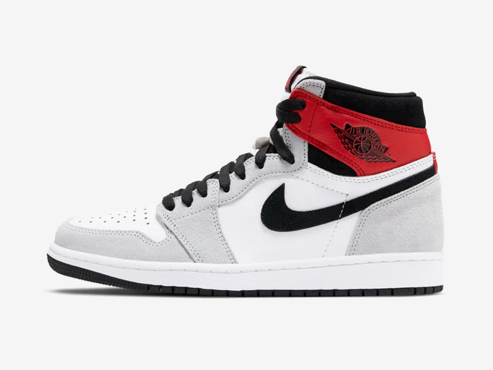 Classic Jordan 1 High shoes with red, white, and grey colourway.