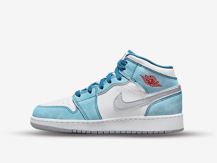 Classic Jordan 1 Mid shoes with a red, white, and blue colourway.