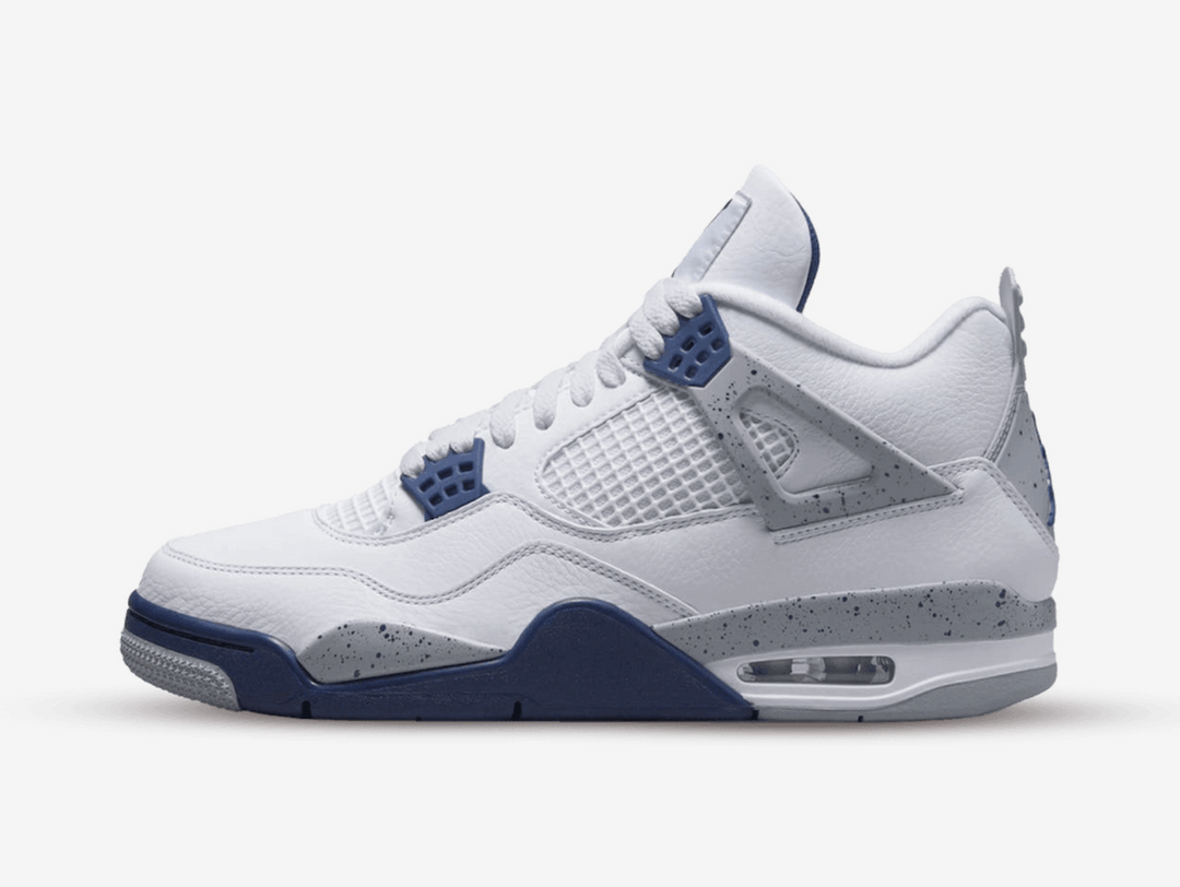 Classic Jordan 4 shoes with a blue, white, and grey colourway.
