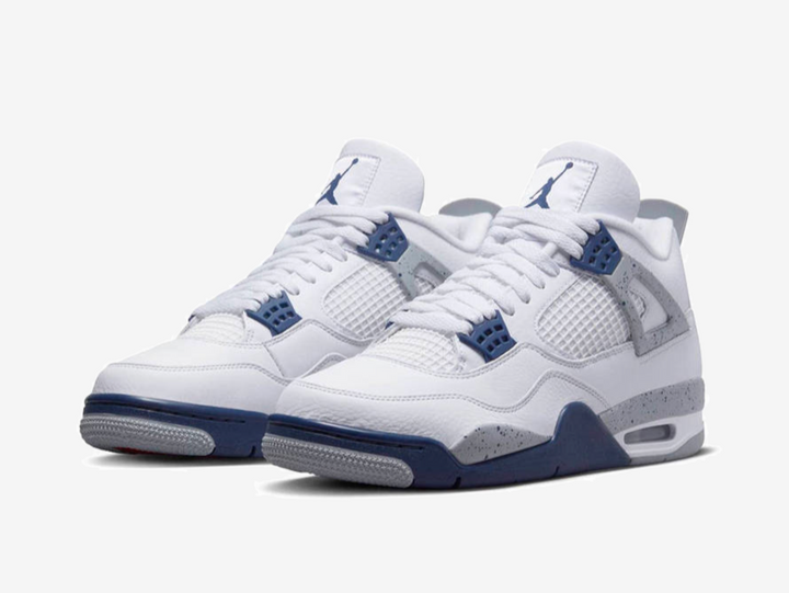 Classic Jordan 4 shoes with a blue, white, and grey colourway.