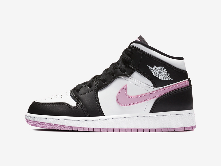 Timeless Air Jordan 1 Mid sneakers in a classic white, pink and black colour scheme.