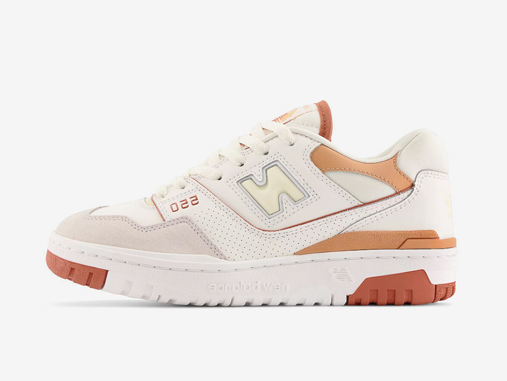 Classic New Balance shoes with a white and brown colourway.