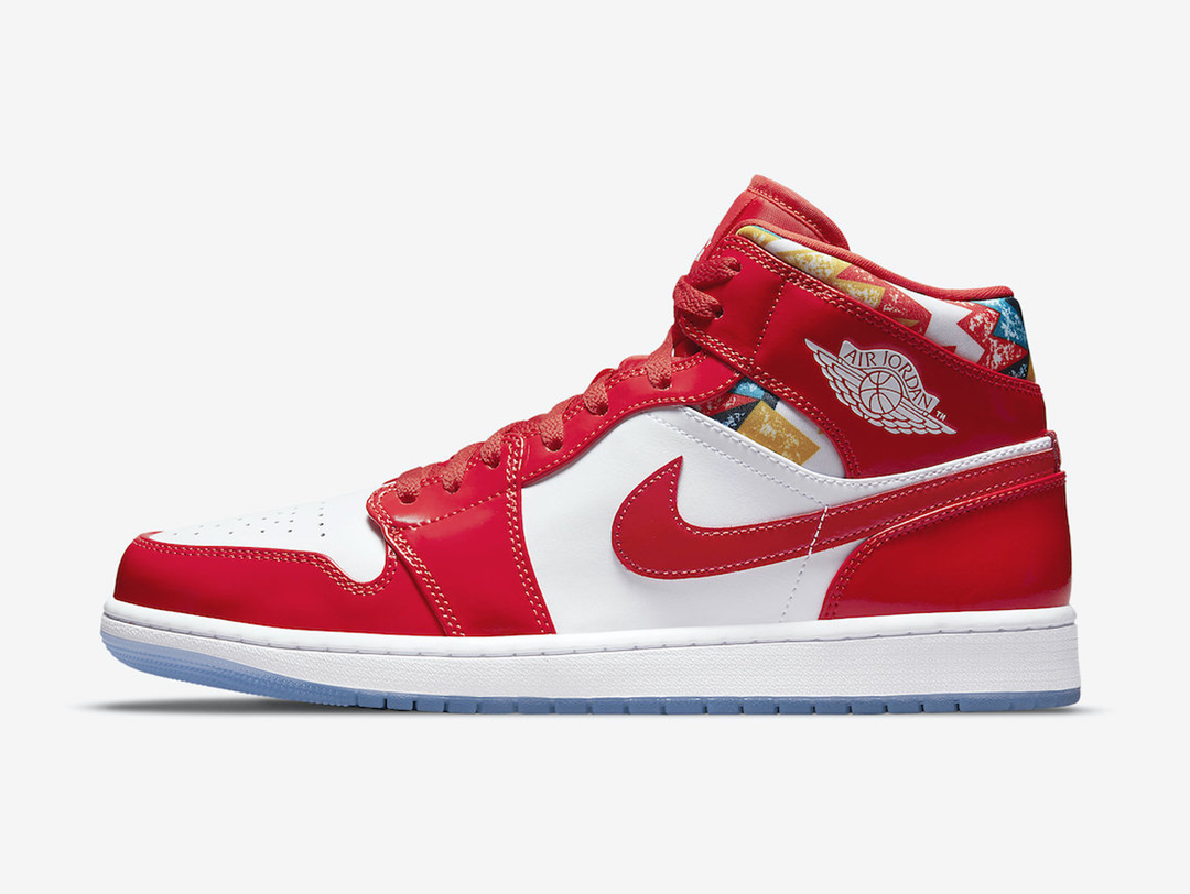 Classic Jordan 1 Mid shoes with a red and white colourway.