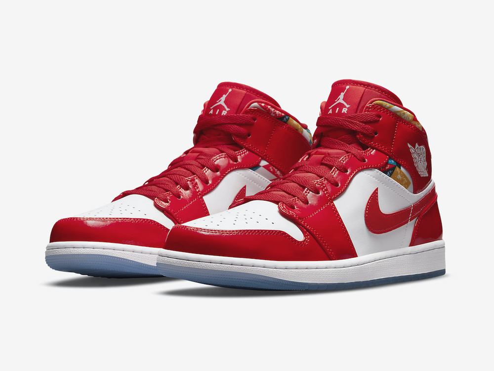 Classic Jordan 1 Mid shoes with a red and white colourway.