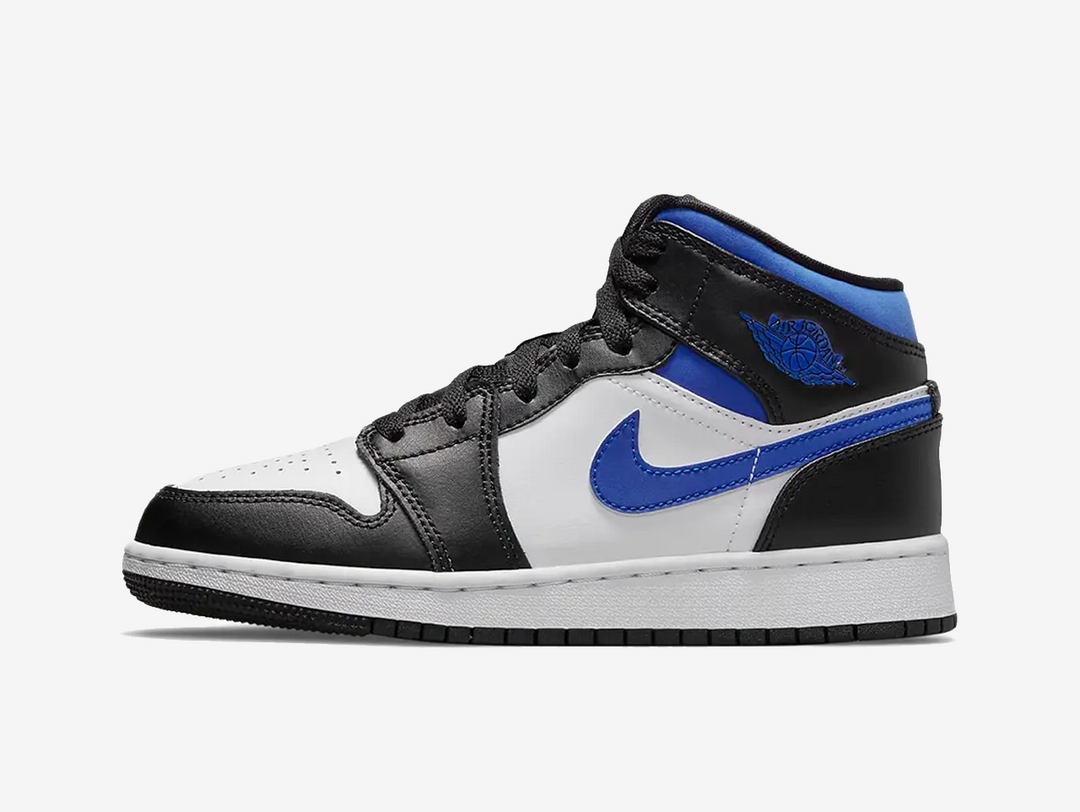 Classic Jordan 1 Mid shoes with a blue, white, and black colourway.