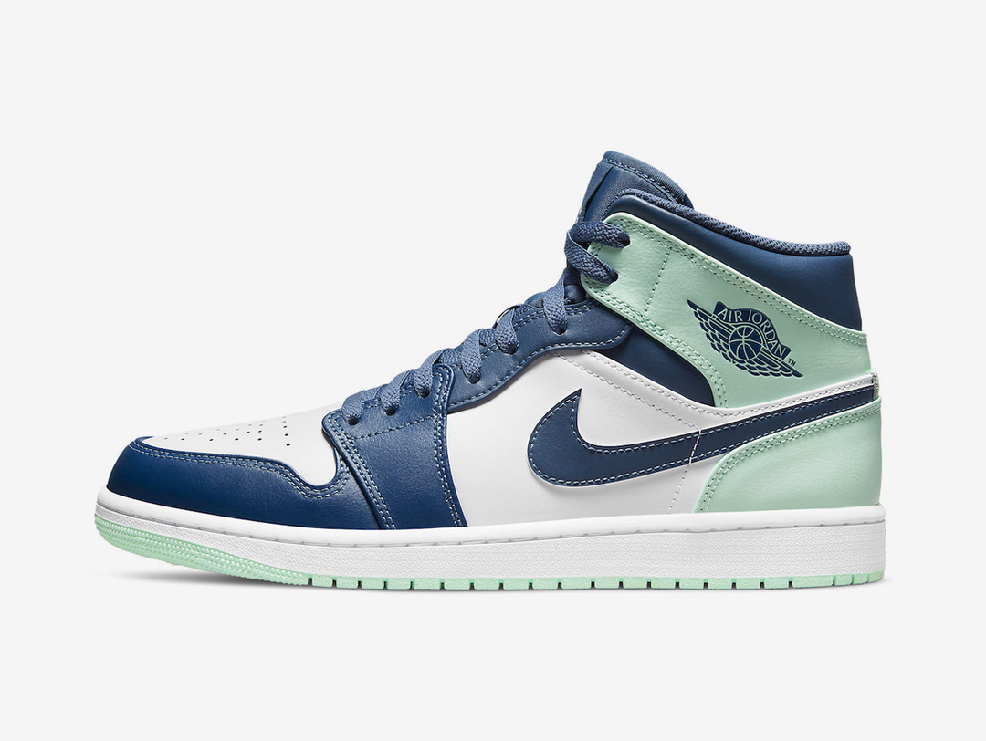 Exclusive Jordan 1 Mid shoes with a unique blue and green colour scheme.