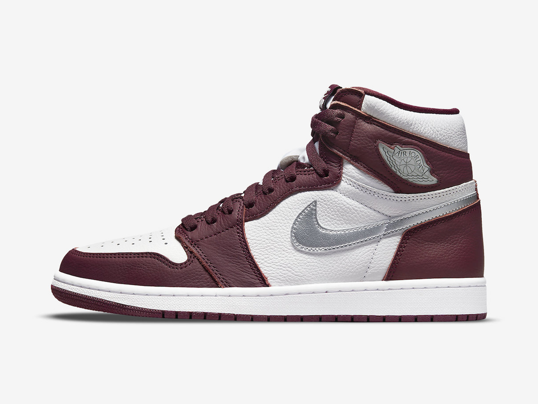Classic Jordan 1 High Bordeaux shoes with maroon, silver and white colourway.
