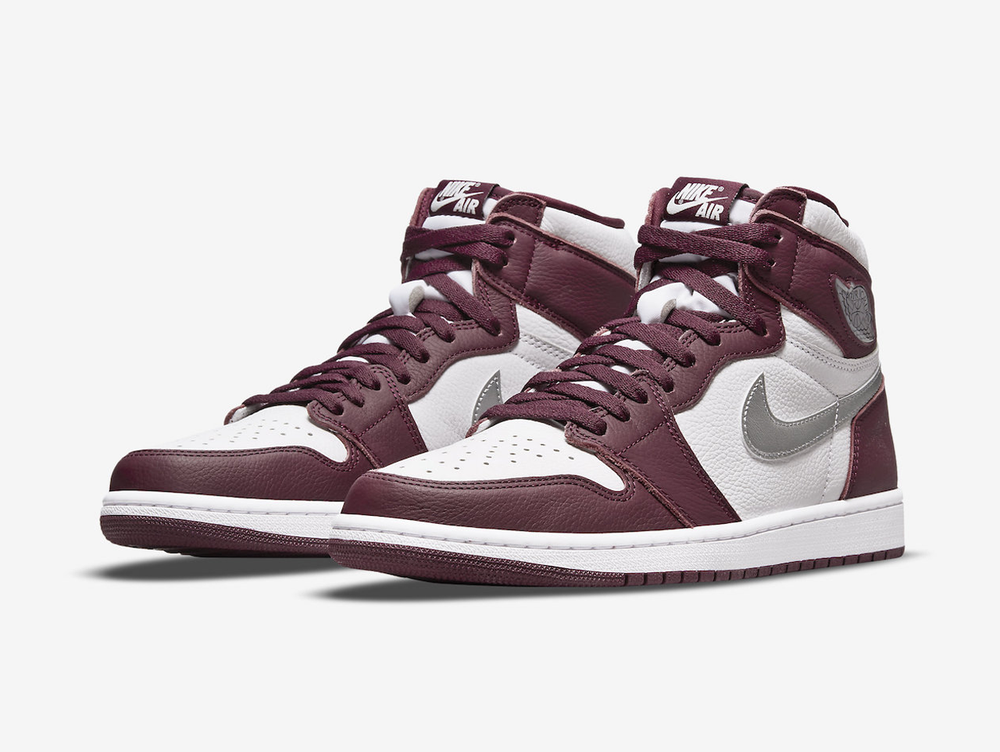Classic Jordan 1 High Bordeaux shoes with maroon, silver and white colourway.