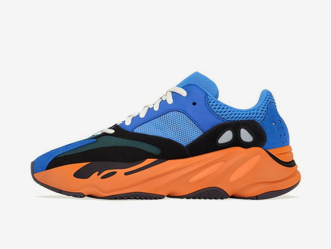 Classic and comfortable Yeezy shoes with a blue and orange colourway.