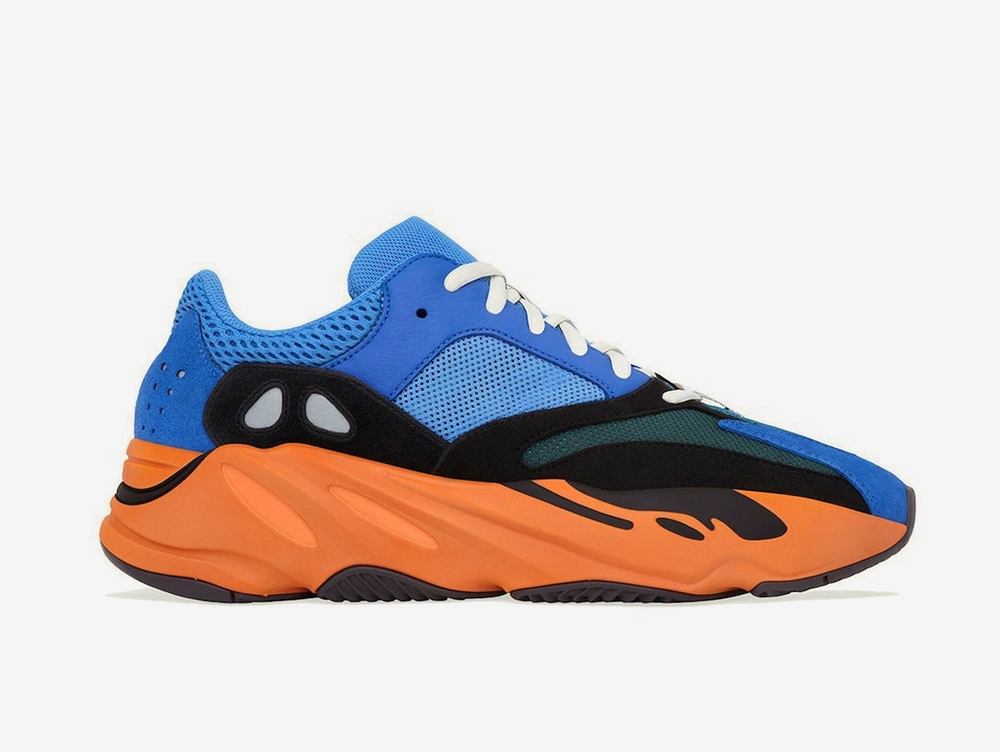 Classic and comfortable Yeezy shoes with a blue and orange colourway.