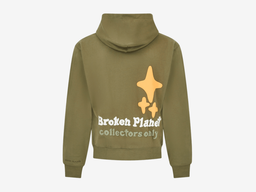 Classic Broken Planet Hoodie in a khaki colour scheme.