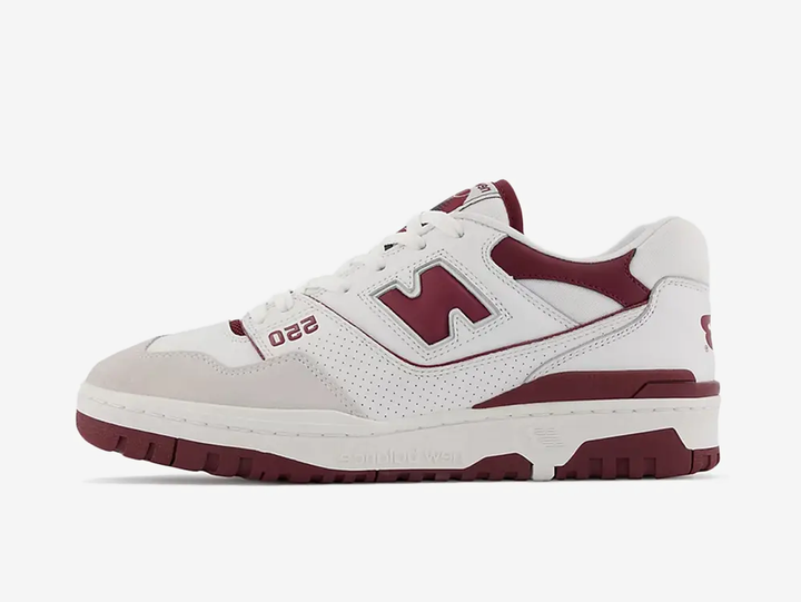 Classic New Balance shoes with a red and white colourway.
