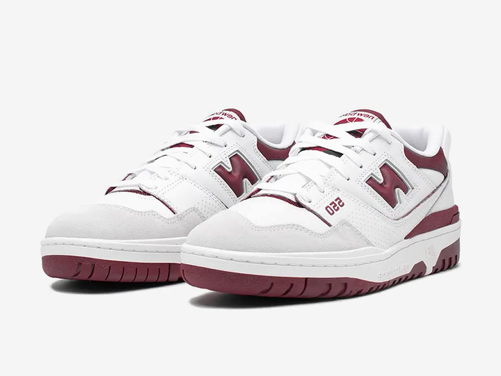 Classic New Balance shoes with a red and white colourway.
