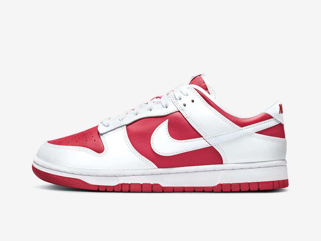 Classic Nike Dunk shoes with a white and red colourway.