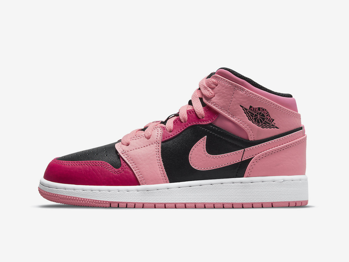 Exclusive Jordan 1 Mid shoes with a unique pink and black colour scheme.