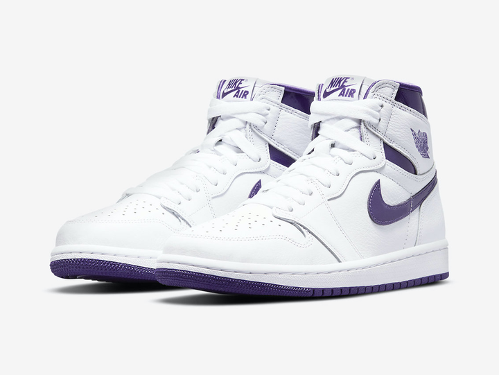 Classic Jordan 1 High Court Purple shoes with white and purple colourway.