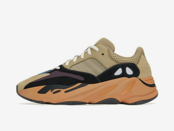 Classic and comfortable Yeezy shoes with a brown and orange colourway.