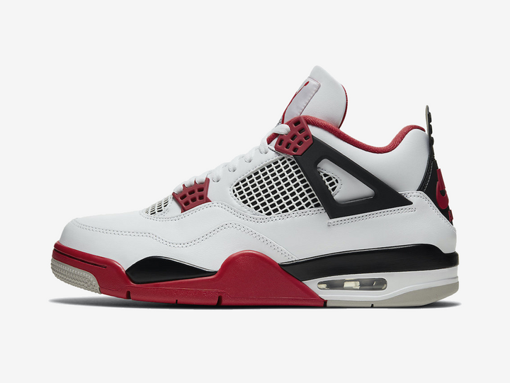 Classic Jordan 4 shoes with a red, white, and black colourway.