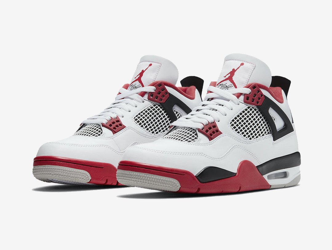 Classic Jordan 4 shoes with a red, white, and black colourway.