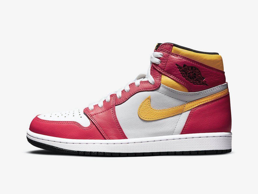 Classic Jordan 1 High shoes with red, white, and yellow colourway.