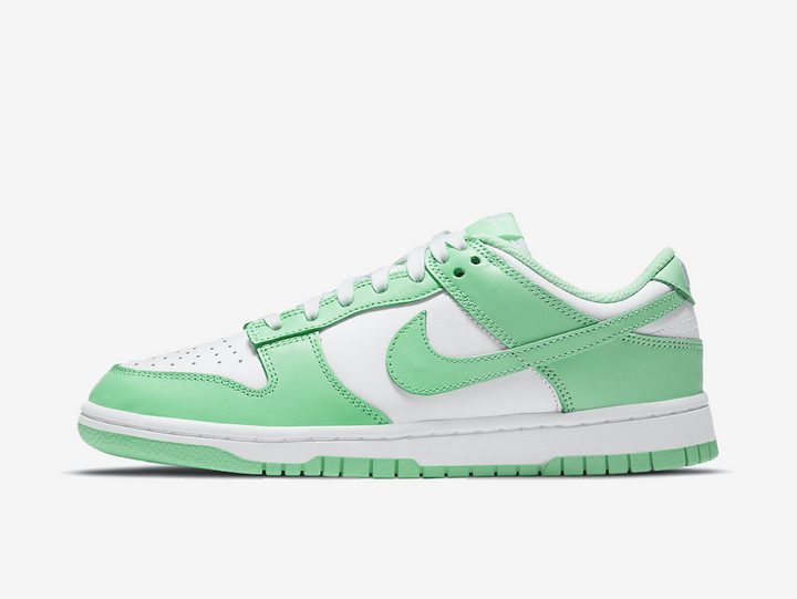 Classic Nike Dunk shoes with a white and green colourway.