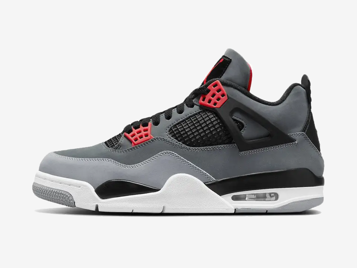 Timeless Jordan 4 sneakers in a classic grey, red and black colour scheme.