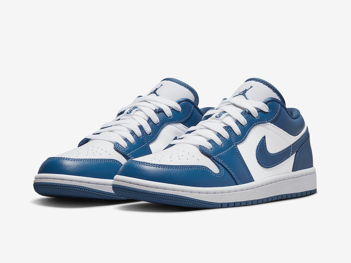 Timeless Air Jordan 1 Low sneakers in a classic blue and white colour scheme.  Edit alt text