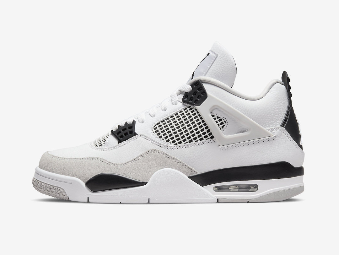 Classic Jordan 4 shoes with a white and black colourway.