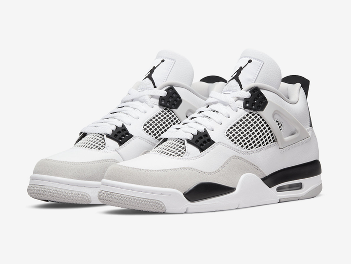 Classic Jordan 4 shoes with a white and black colourway.