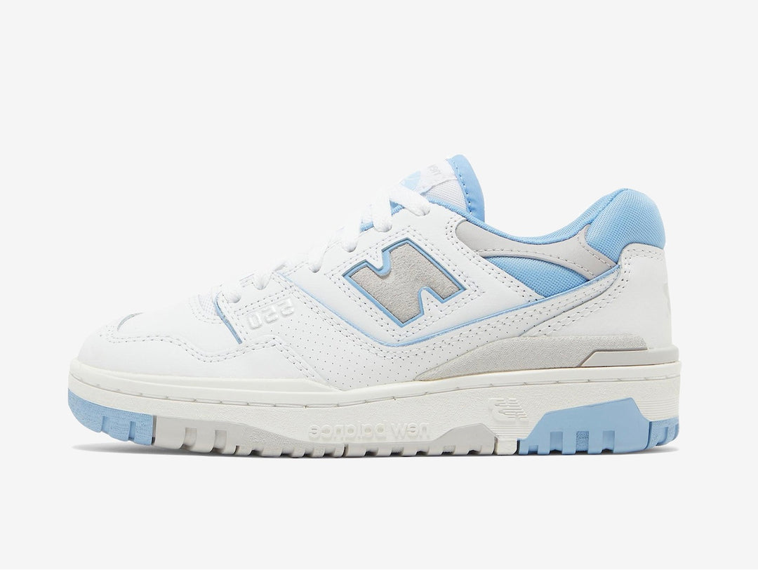 Classic New Balance shoes with a blue, white, and grey colourway.