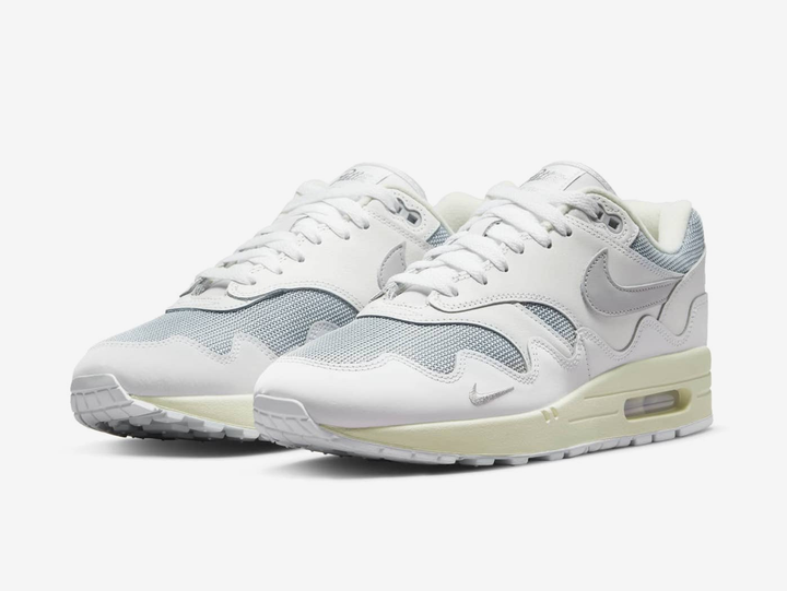 Exclusive Air Max 1 shoes with an all white colour scheme.