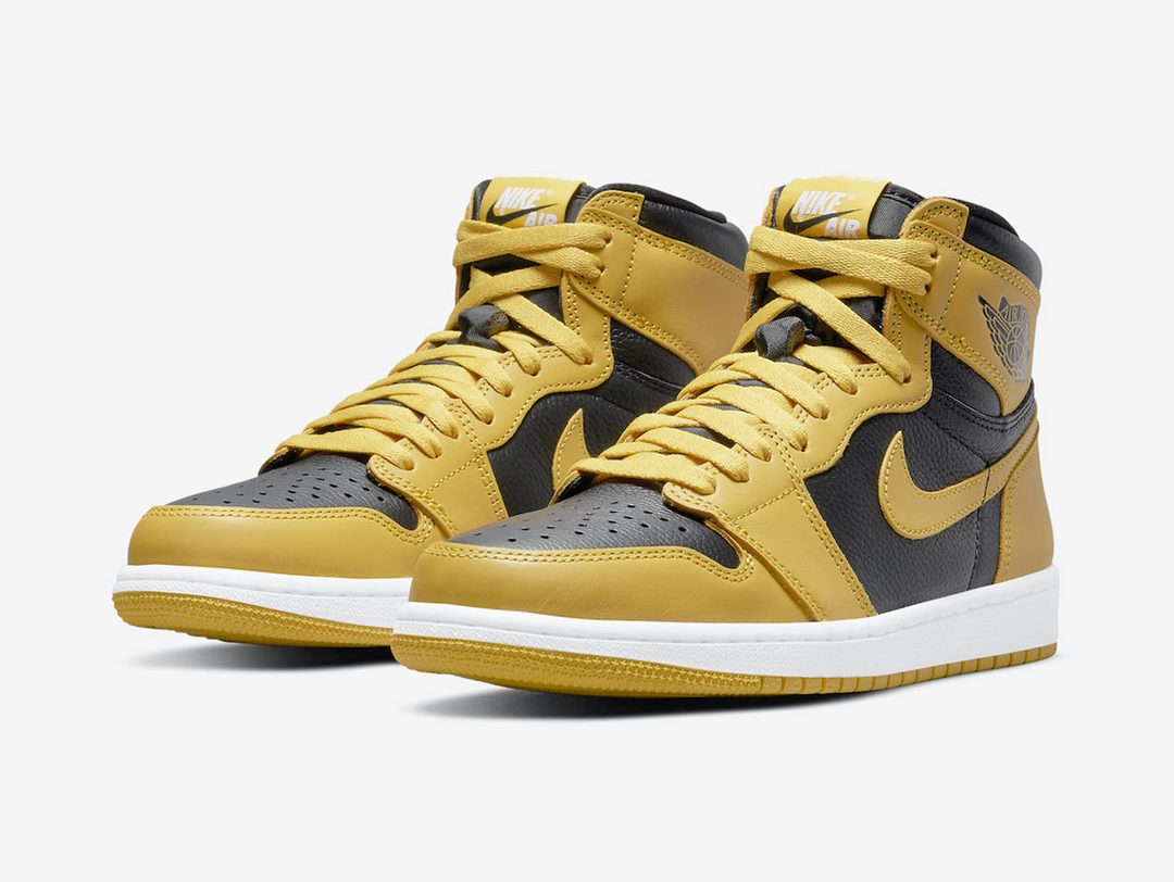 Classic Jordan 1 High shoes with a yellow and black colourway.