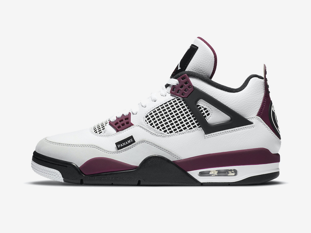 Timeless Jordan 4 sneakers in a classic maroon, white and black colour scheme.