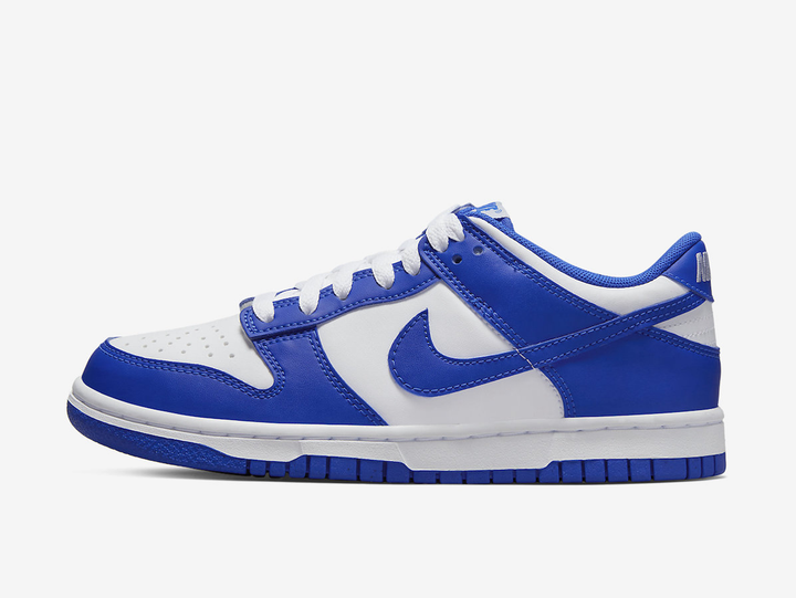 Classic Nike Dunk shoes with a white and blue colourway.