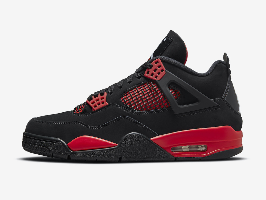 Classic Jordan 4 shoes with a red and black colourway.