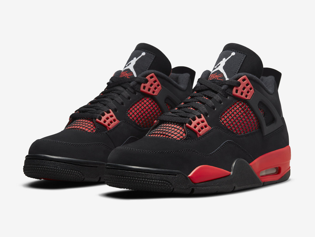 Classic Jordan 4 shoes with a red and black colourway.