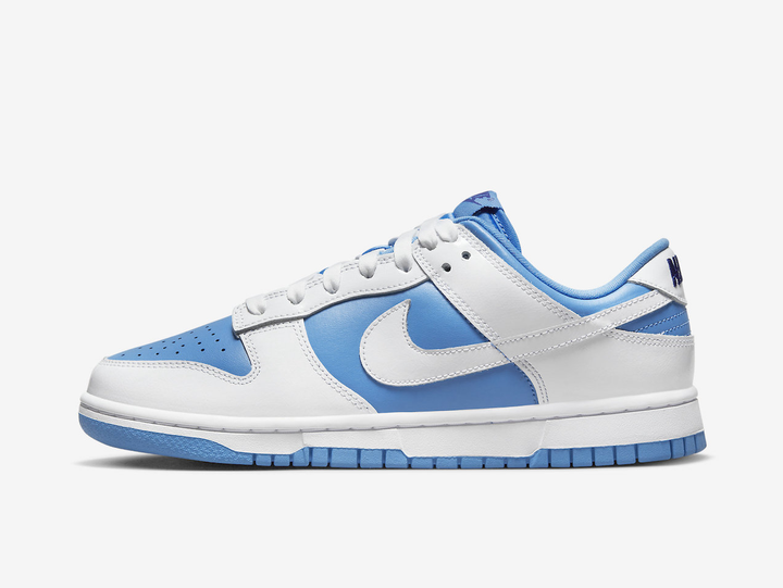 Classic Nike Dunk shoes with a white and blue colourway.