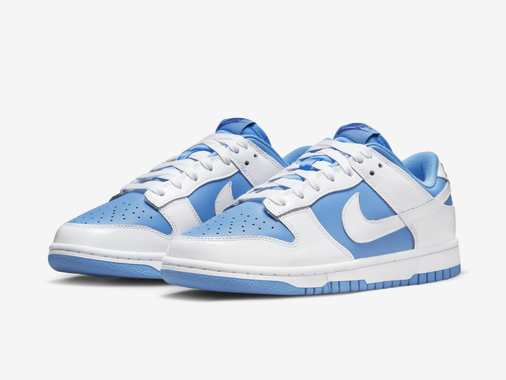 Classic Nike Dunk shoes with a white and blue colourway.