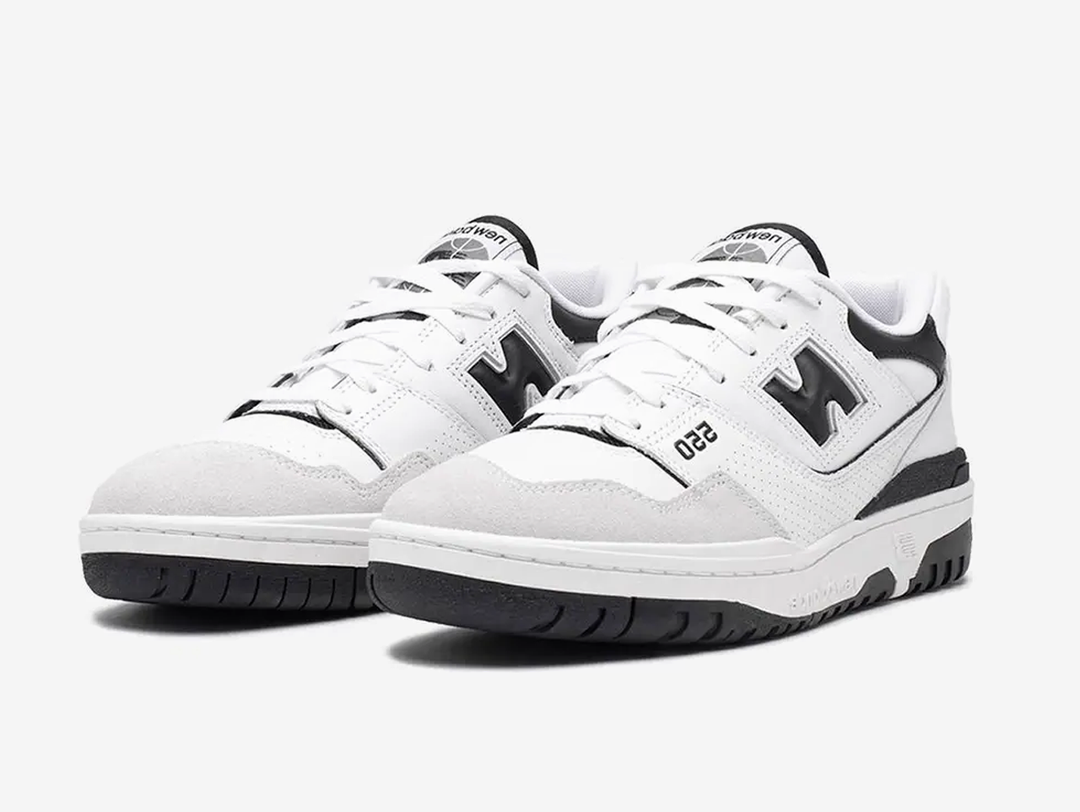Classic New Balance shoes with a white and black colourway.