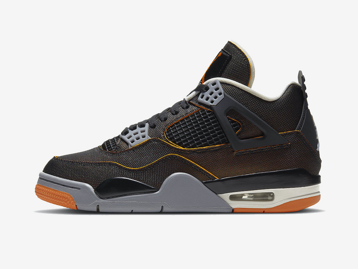Classic Jordan 4 shoes with a orange, white, and black colourway.