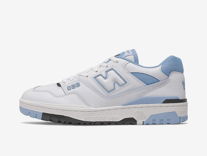 Classic New Balance shoes with a white and blue colourway.