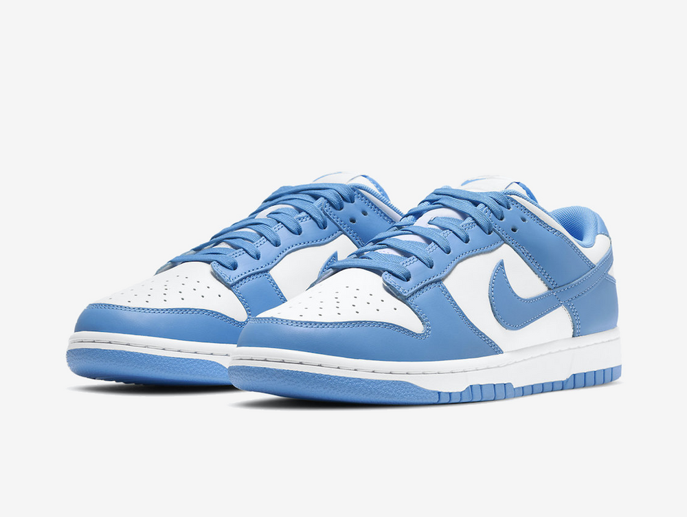 Classic Nike Dunk shoes with a white and blue colourway.