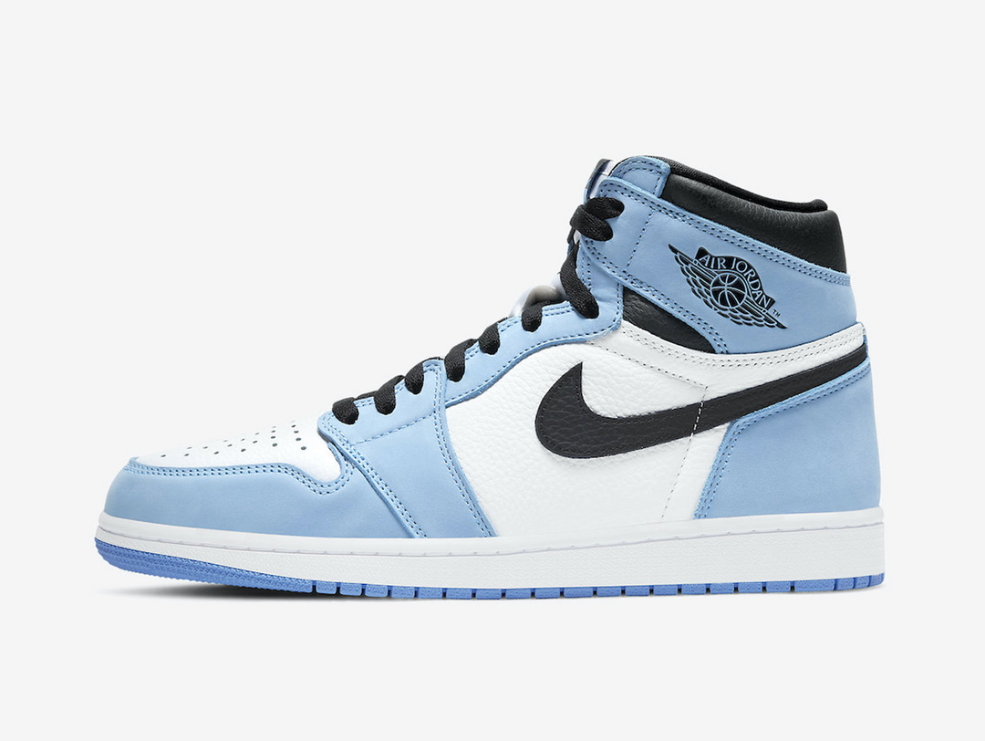Timeless Air Jordan 1 High sneakers in a classic blue, white and black colour scheme.