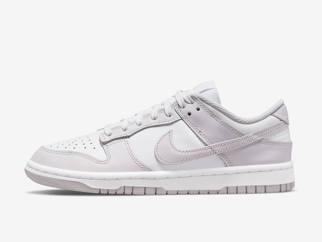 Classic Nike Dunk shoes with a white and violet colourway.