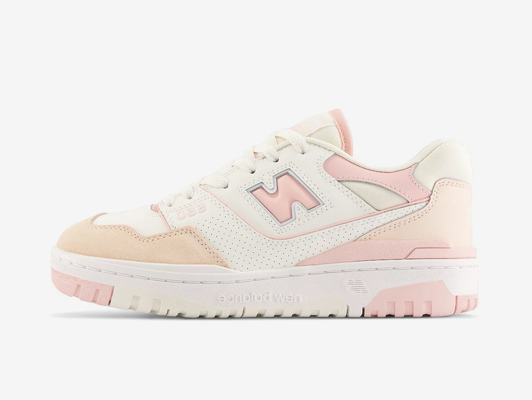 Classic New Balance shoes with a white and pink colourway.