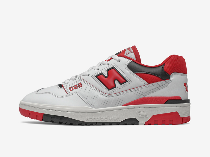 Classic New Balance shoes with a red, white, and black colourway.