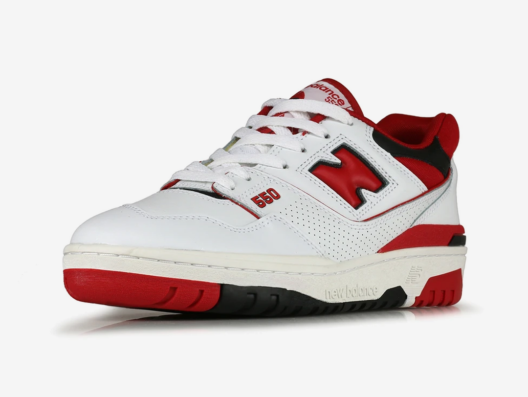 Classic New Balance shoes with a red, white, and black colourway.